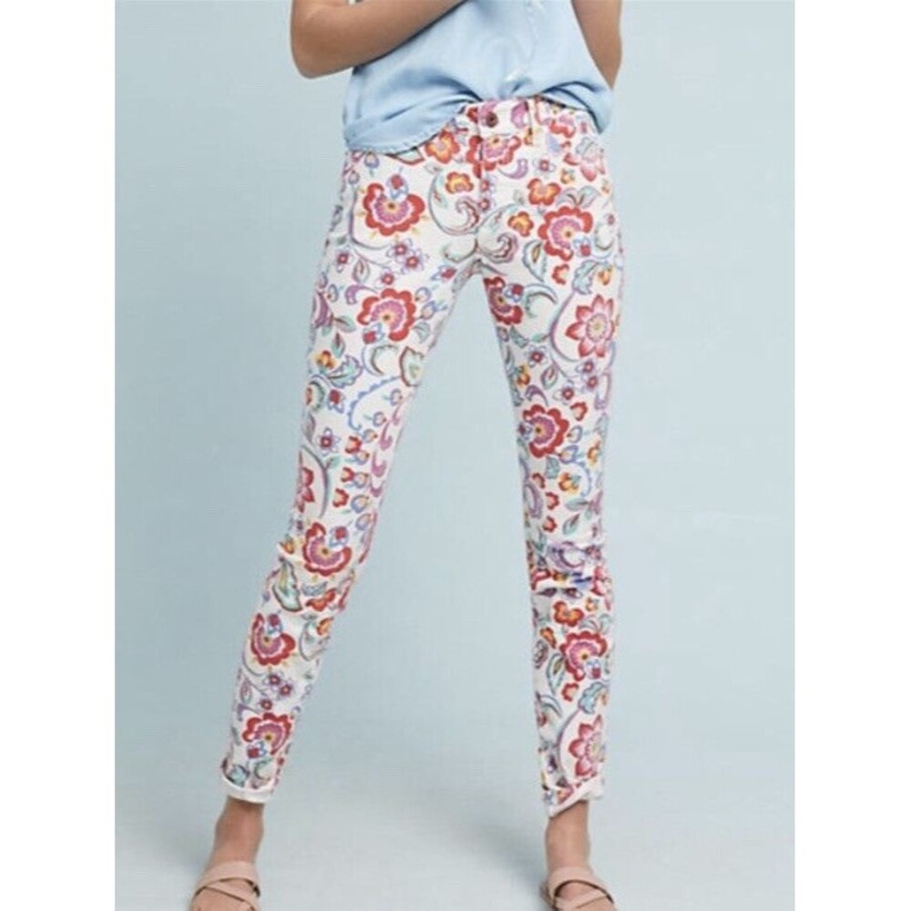 Anthropologie Skinny Jean Mid-Rise Pilcro Pink Floral Ankle Crop  - 26 waist